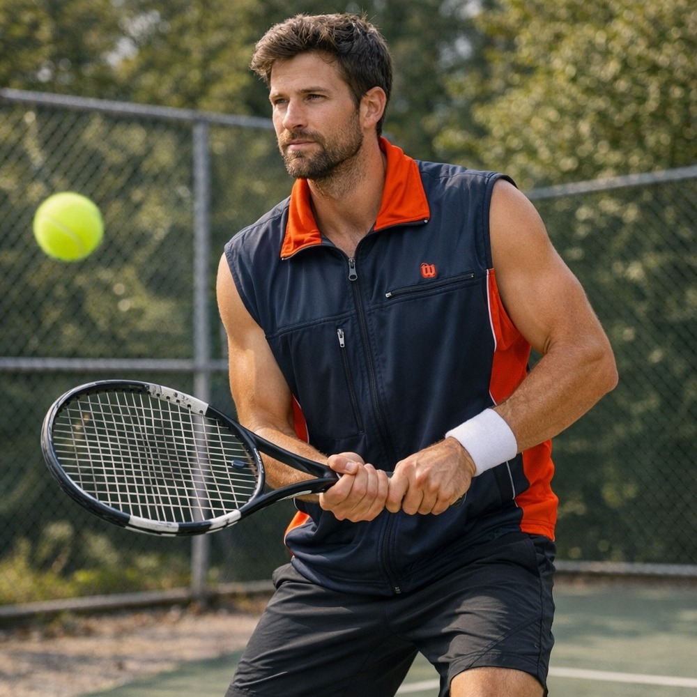 Wilson Mens Tennis Training Vest Gray Orange Full Zip Athletic Sleeveless Large